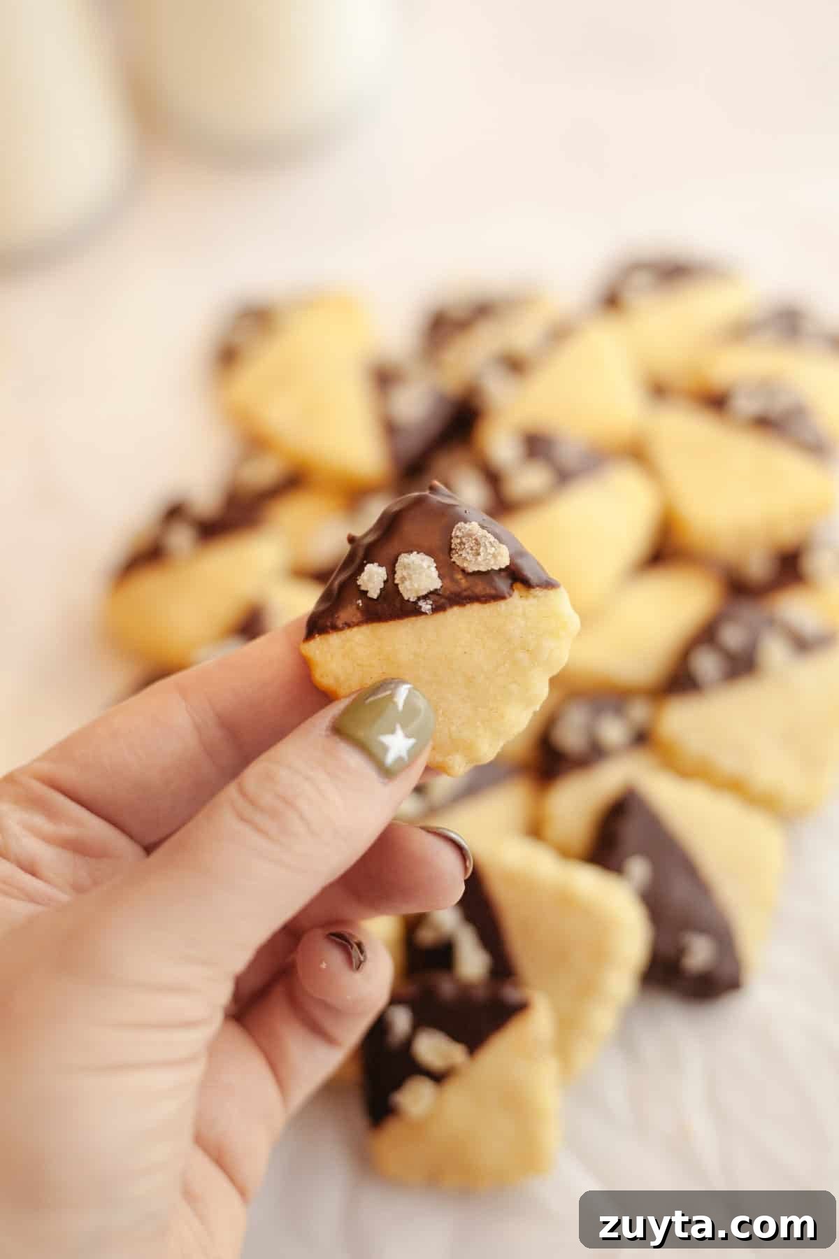 Double-Ginger Shortbread Cookies Recipe 10 A hand holding a small square cookie, half dipped in chocolate.