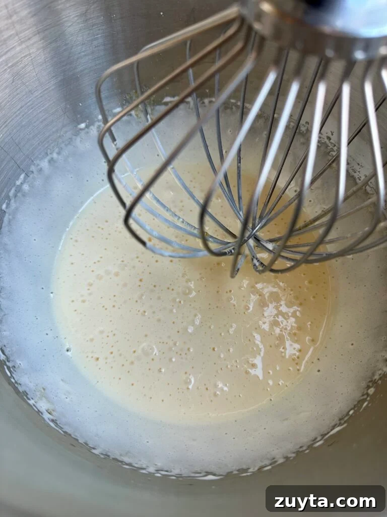 Crisp Fig and Almond Biscotti Recipe 3 Foamy eggs and sugar inside the bowl of a stand mixer with whisk attachment.