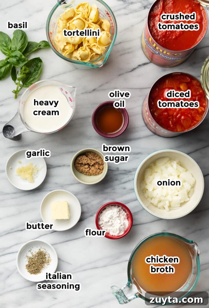 Creamy Tomato Tortellini Soup Recipe 2 ingredients for tomato tortellini soup in small bowls on a counter