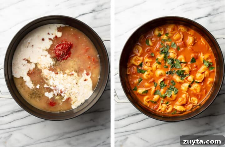 Creamy Tomato Tortellini Soup Recipe 4 adding in tomatoes, tortellini, and basil to a soup pot
