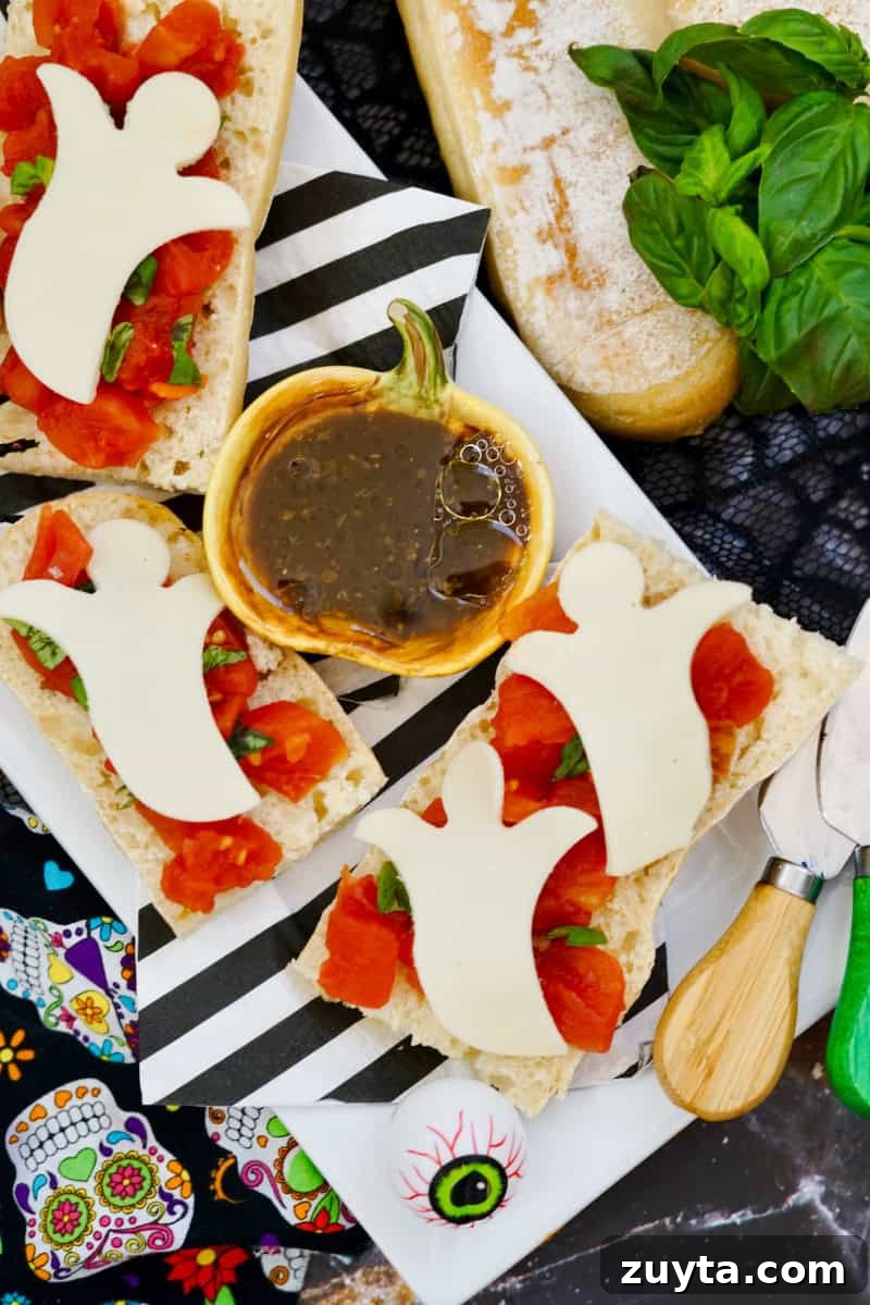 Boo-schetta: Spooky Halloween Bruschetta Appetizer 2 Halloween bruschetta on platter