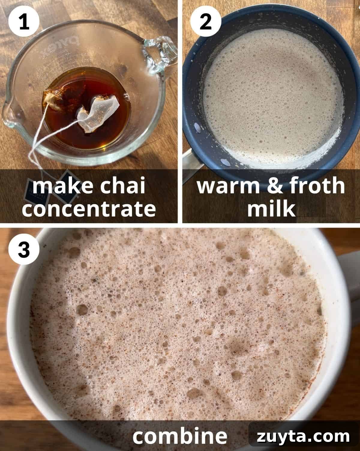 Homemade Pumpkin Spice Chai Latte Recipe 4 A 3 photo collage showing the assembly of pumpkin spice chai latte.