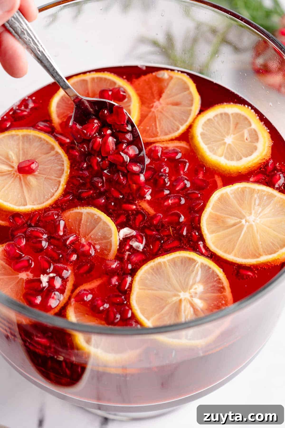 Sparkling Pomegranate Cranberry Punch Recipe 7 spoon adding pomegranate seeds to punch bowl
