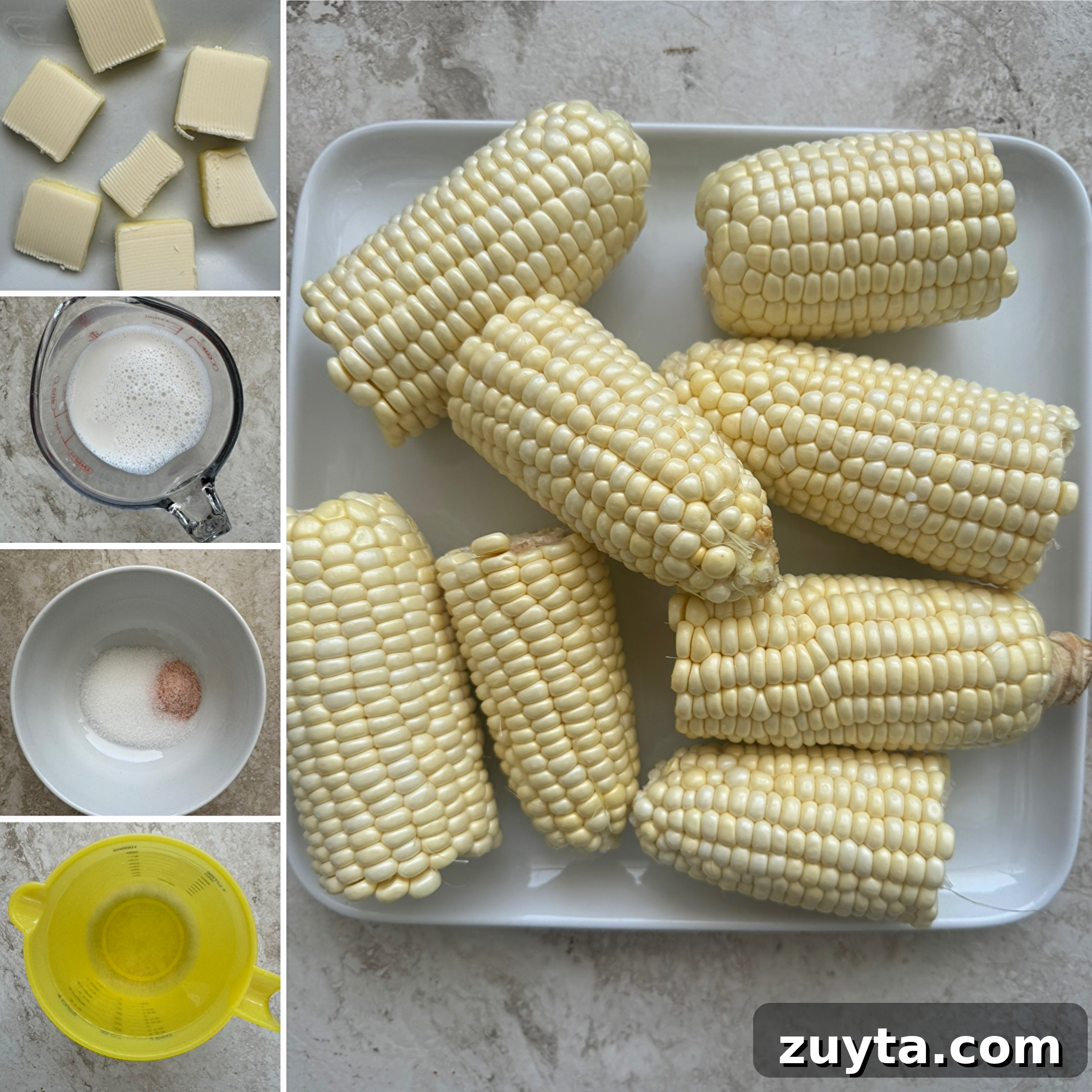 collage of ingredients for slow cooker milk boiled corn