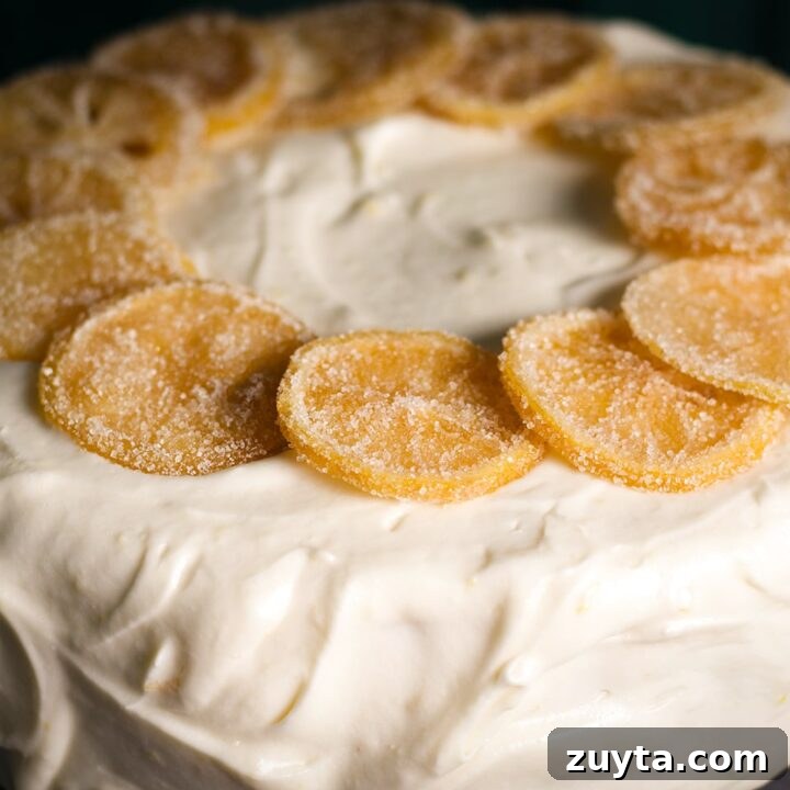 A ring of candied lemon slices on top of a cake.