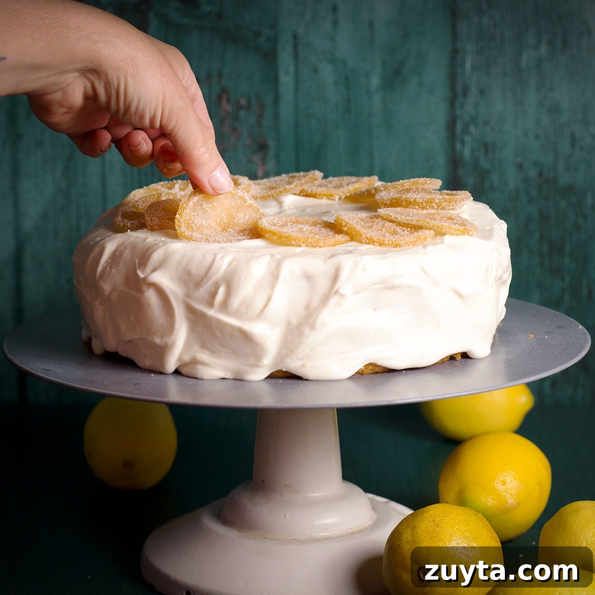 How to Make Candied Lemon Slices for Garnish and Snacks 2 Someone placing candied lemon slices on top of a cake.