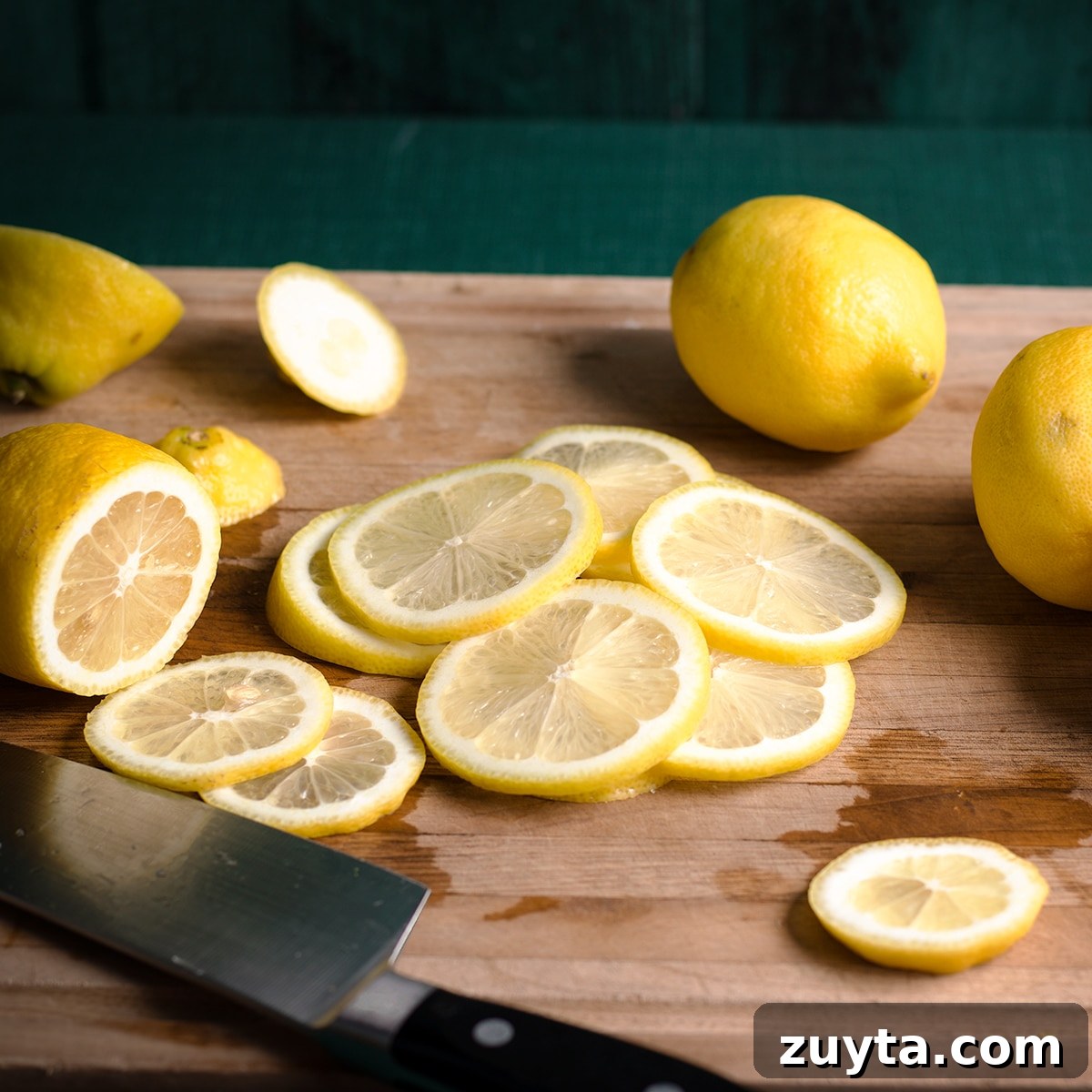 How to Make Candied Lemon Slices for Garnish and Snacks 4 A pile of freshly cut lemon slices on a cutting board.