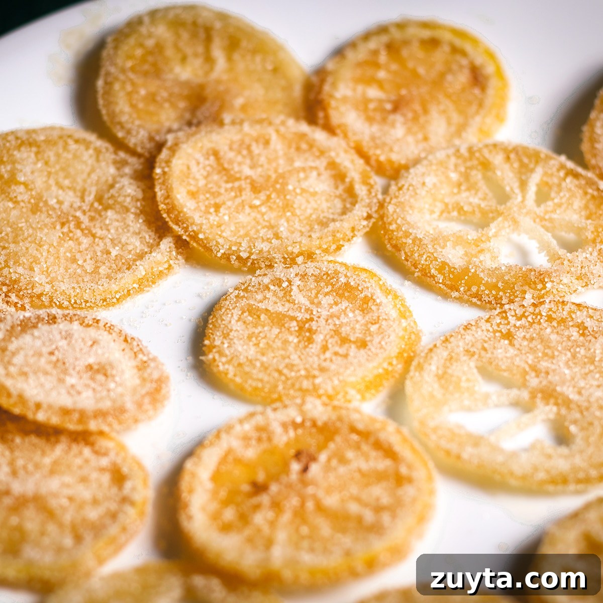 How to Make Candied Lemon Slices for Garnish and Snacks 7 Candied lemon slices that have been dipped in sugar.