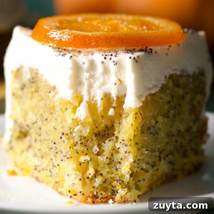 A slice of orange poppy seed cake on a plate with a bite taken out of it.