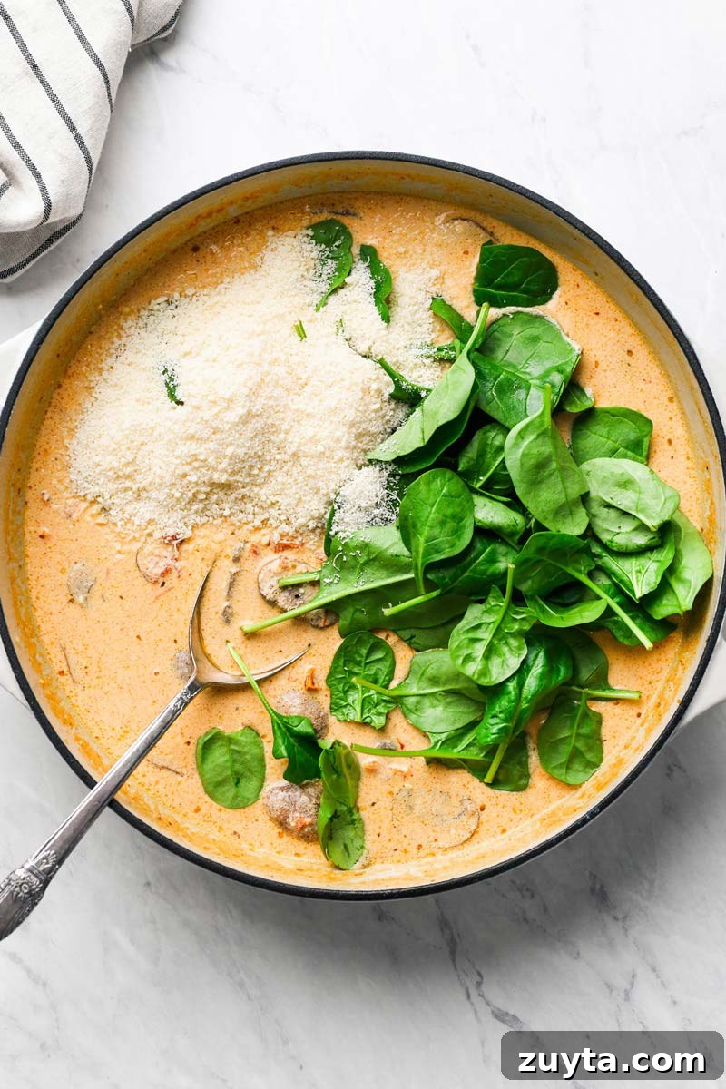 Creamy Chicken and Mushroom Pasta Recipe 3 spinach parmesan in creamy mushroom sauce