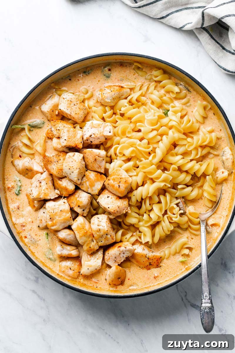 Creamy Chicken and Mushroom Pasta Recipe 4 chicken and pasta in skillet with creamy mushroom sauce