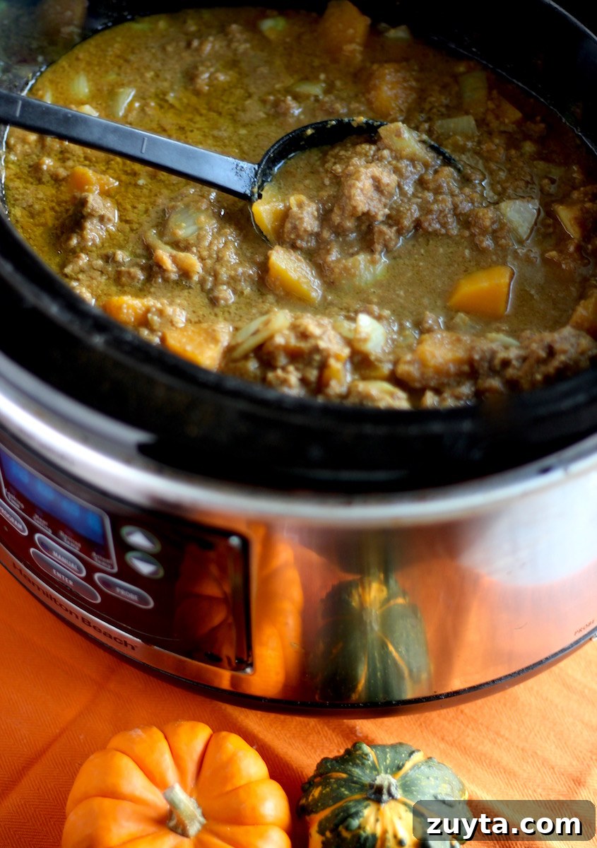 Slow Cooker Beef and Pumpkin Curry (AIP) 3 Crockpot Beef Pumpkin Curry (AIP) - a nightshade-free curry featuring ground beef, pumpkin, butternut squash, turmeric, and coconut milk! YUM! | fedandfulfilled.com