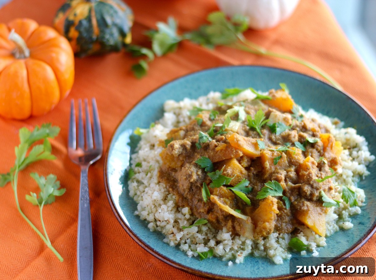 Slow Cooker Beef and Pumpkin Curry (AIP) 7 Crockpot Beef Pumpkin Curry (AIP) - a one-pot, slow cooker meal that is warm, comforting, and full of flavor from pumpkin, squash, turmeric, ginger, and cinnamon! | fedandfulfilled.com