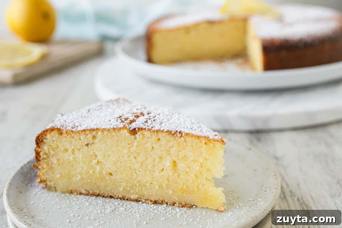 Lemon Ricotta Cake Recipe - Zesty Italian Dessert 5 Wedge of cake on a plate viewed from the side with a whole cake in the background.