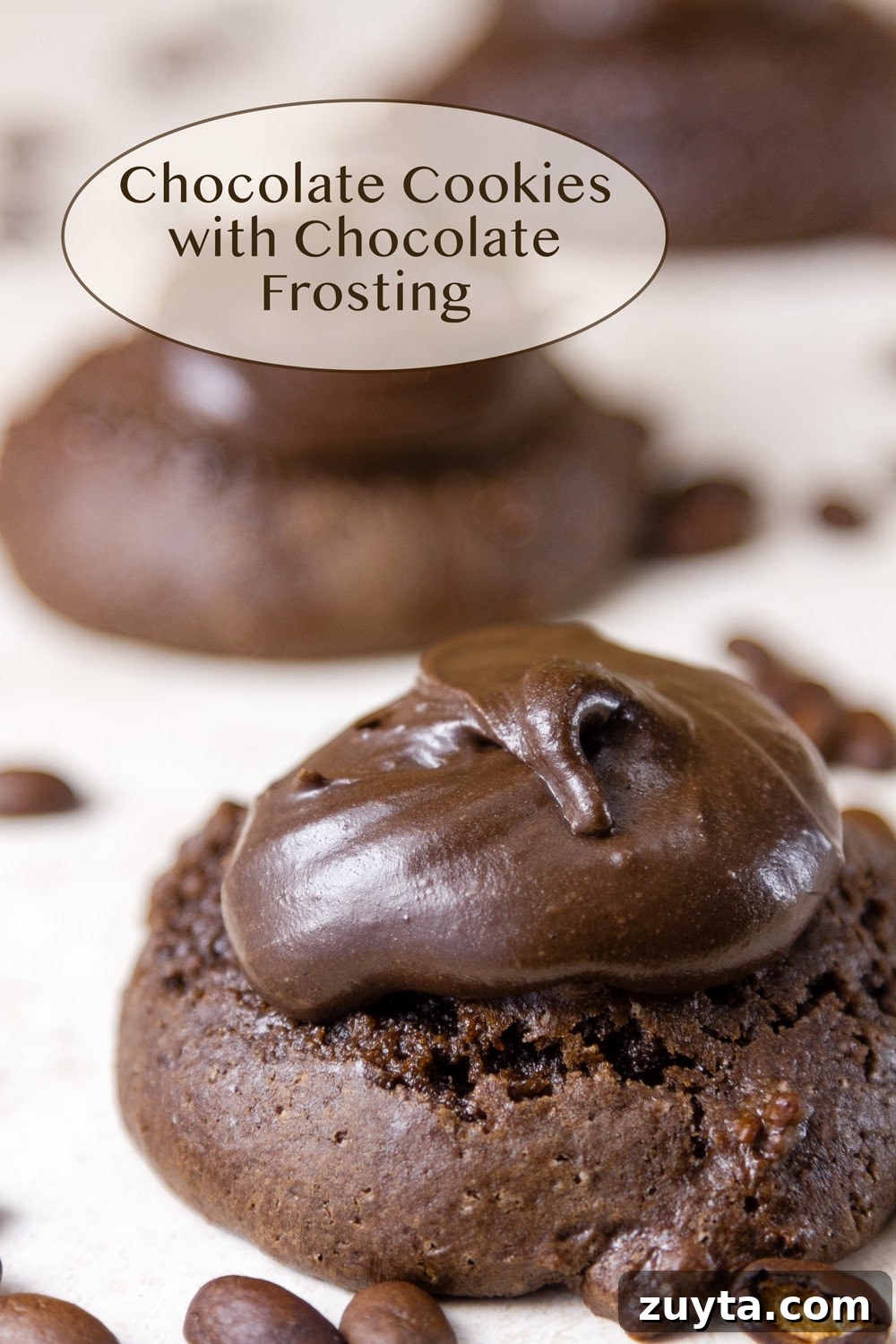 Chewy Double Chocolate Cookie Recipe 2 chocolate cookies with chocolate frosting and coffee beans around them.