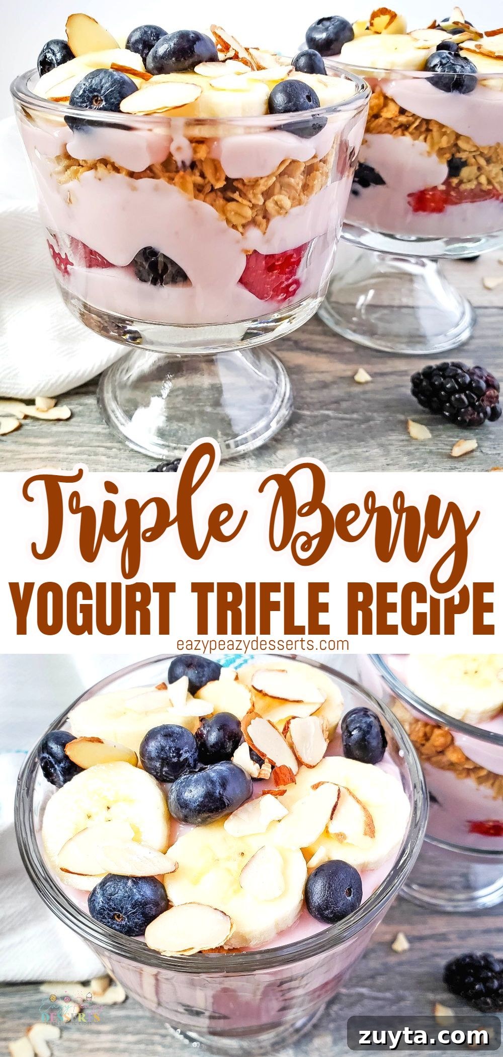 Photo collage of berry trifle with bananas and almonds