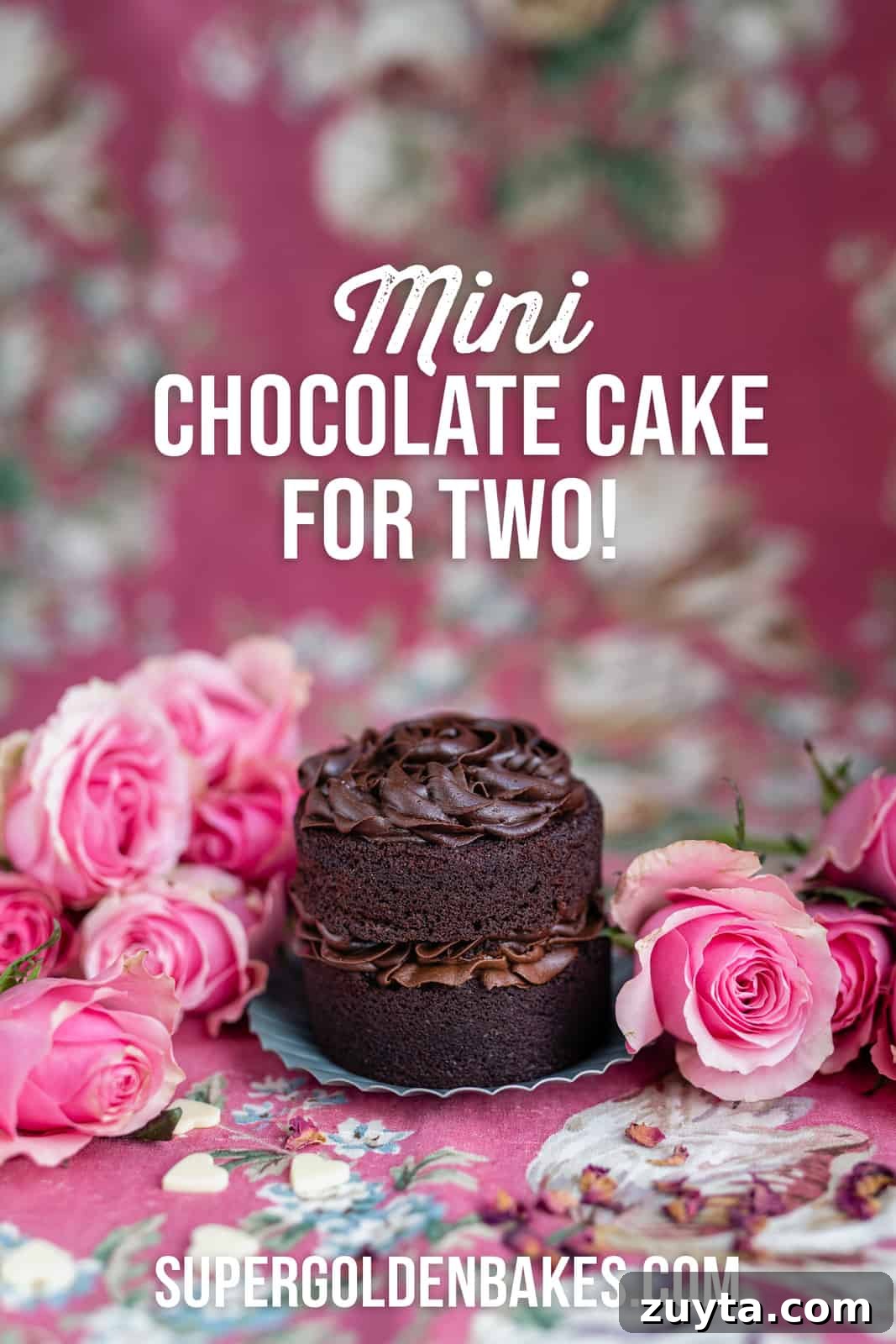 Decadent Chocolate Cake for Two Recipe 2 Mini chocolate layer cake on a floral background with pink roses