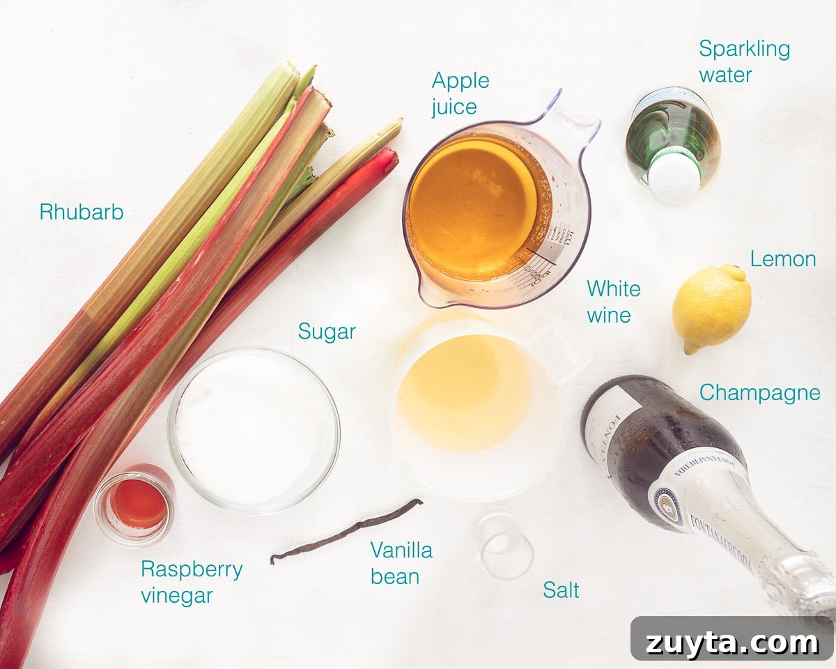 Sparkling Rhubarb Champagne Cocktail Recipe 3 Ingredients Sparking Rhubarb Champagne Cocktail on a white background with text overlay