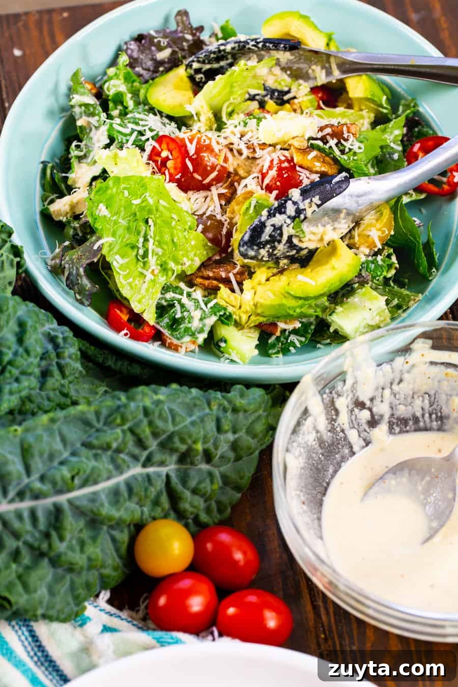 Vegan Kale Caesar Roll-Ups Recipe 2 Vegan Kale Caesar Salad in a large bowl.
