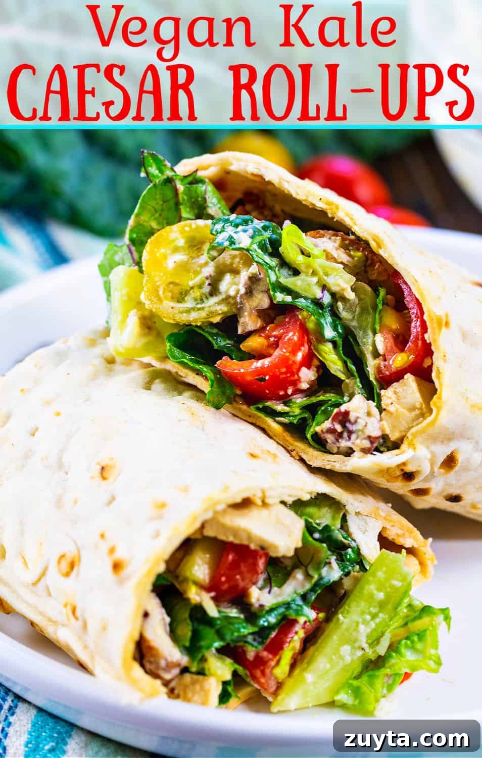 Vegan Kale Caesar Roll-Ups Recipe 4 Vegan Kale Caesar Salad Wrap on a plate.