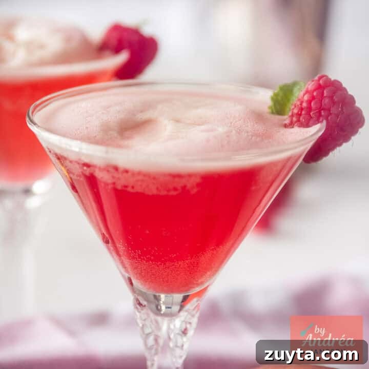 A square photo with a cocktail glass filled with raspberries, gin and Prosecco