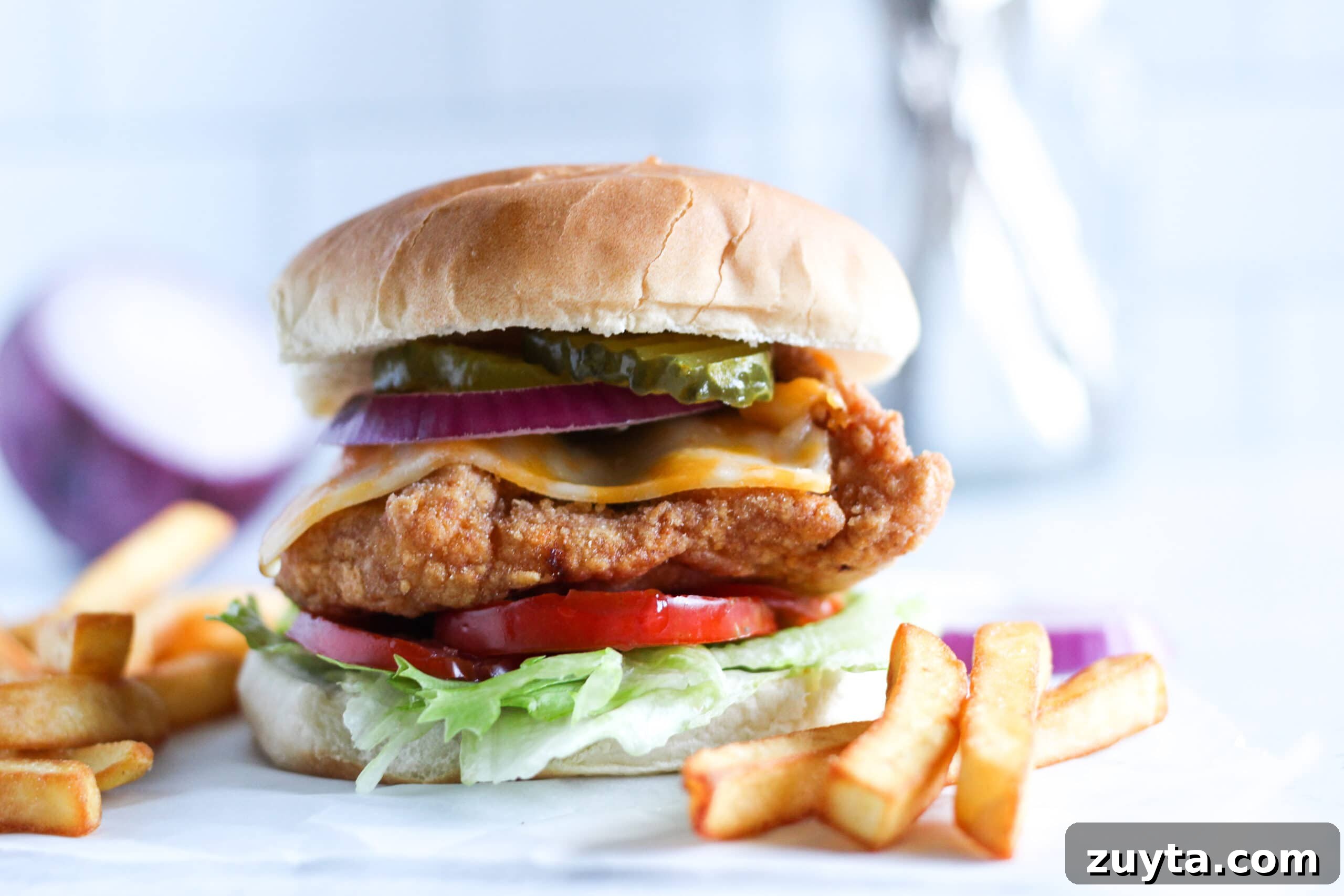 Crispy Gluten-Free Fried Chicken Sandwich Recipe 3 Plated chicken sandwich and fries