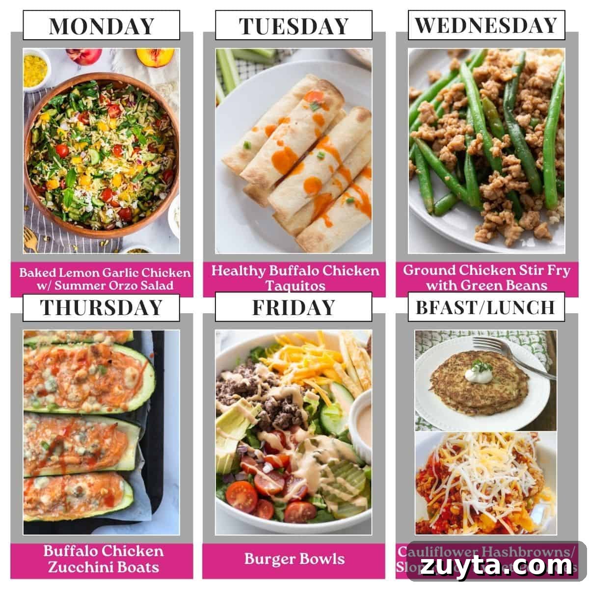 Food photo collage with seven pictures. Above each photo is a text box with the days of the week or "bfast/lunch" in all caps black text on a white rectangle. Under each food photo is the name of the recipe in white text on a pink background.