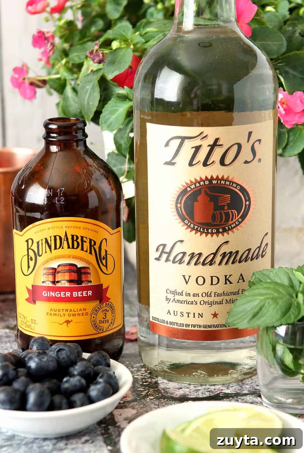 Blueberry Mint Moscow Mule Cocktail Recipe 3 Tito's Vodka and Bendaberg Ginger Beer.