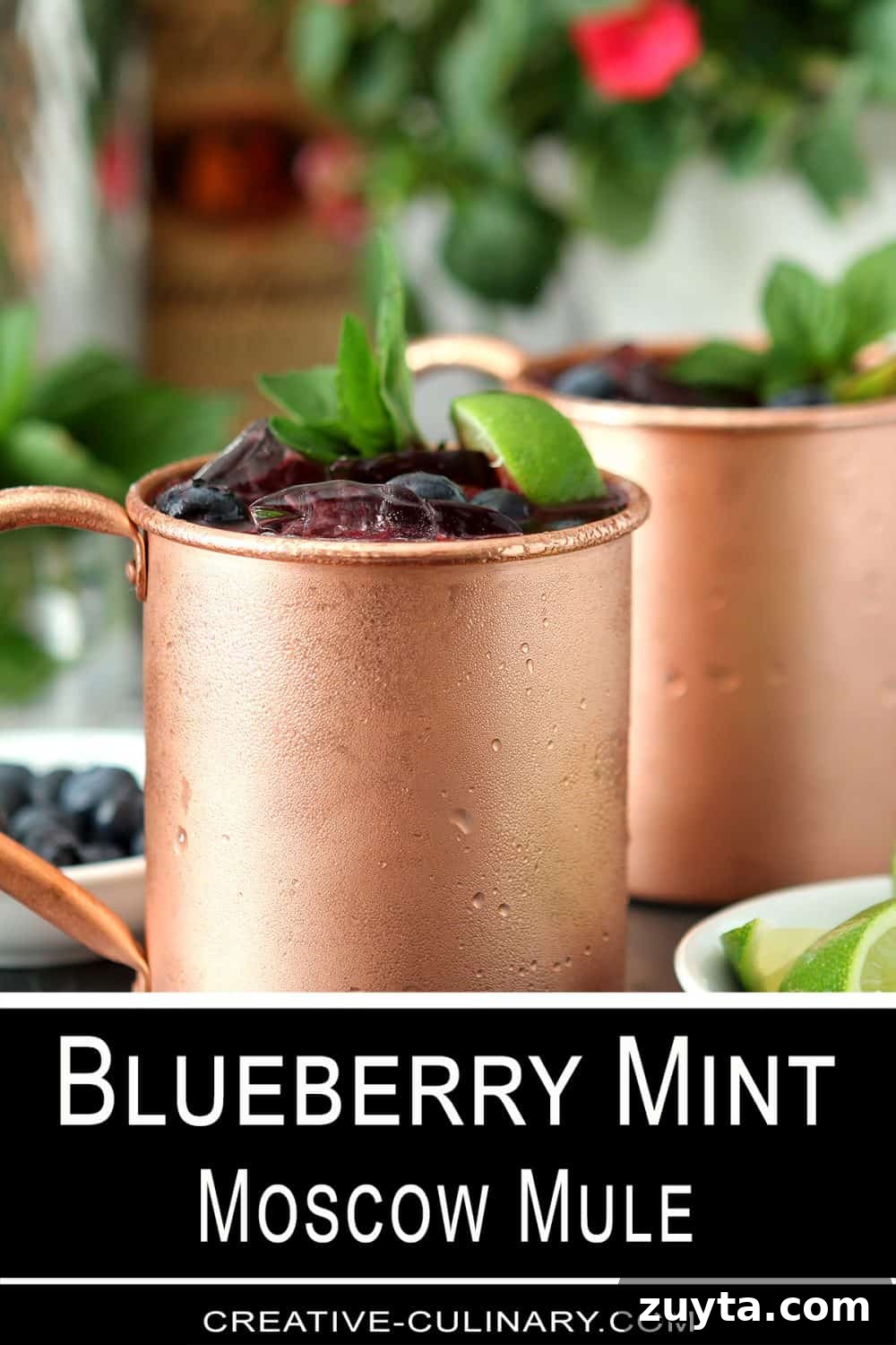 Blueberry Mint Moscow Mule Cocktail Recipe 5 Chilled Copper Mug holds a Blueberry Mint Moscow Mule cocktail garnished with mint.