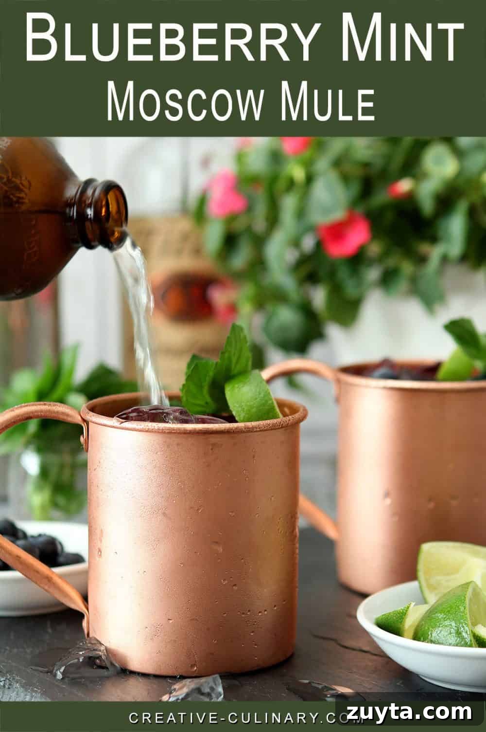Blueberry Mint Moscow Mule Cocktail Recipe 6 Blueberry Mint Moscow Mule made with ginger beer is served in a chilled copper mug and garnished with mint.