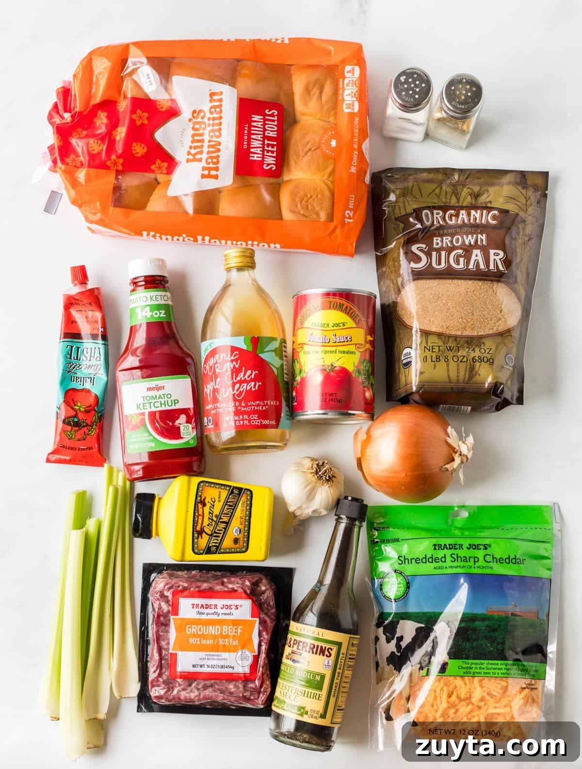 Sloppy Joe Sliders Recipe for Game Day and Parties 3 Ingredients laid out on a countertop to make sloppy joe sliders.