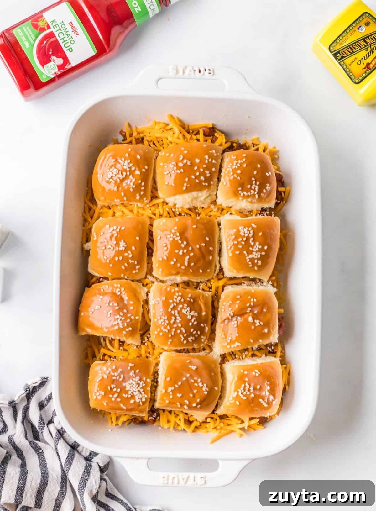 Sloppy Joe Sliders Recipe for Game Day and Parties 6 Ground beef sloppy joes on slider buns before baking.