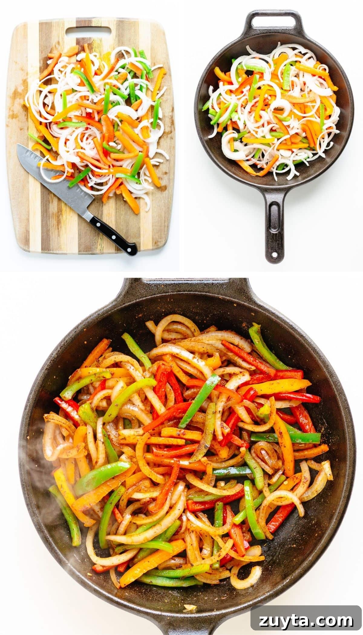 Grilled Halloumi Fajitas with Peppers and Lime 7 Collage of photos showing fajita veggies being made from sliced peppers and onions on a chopping board to being sautéed in a cast iron skillet.