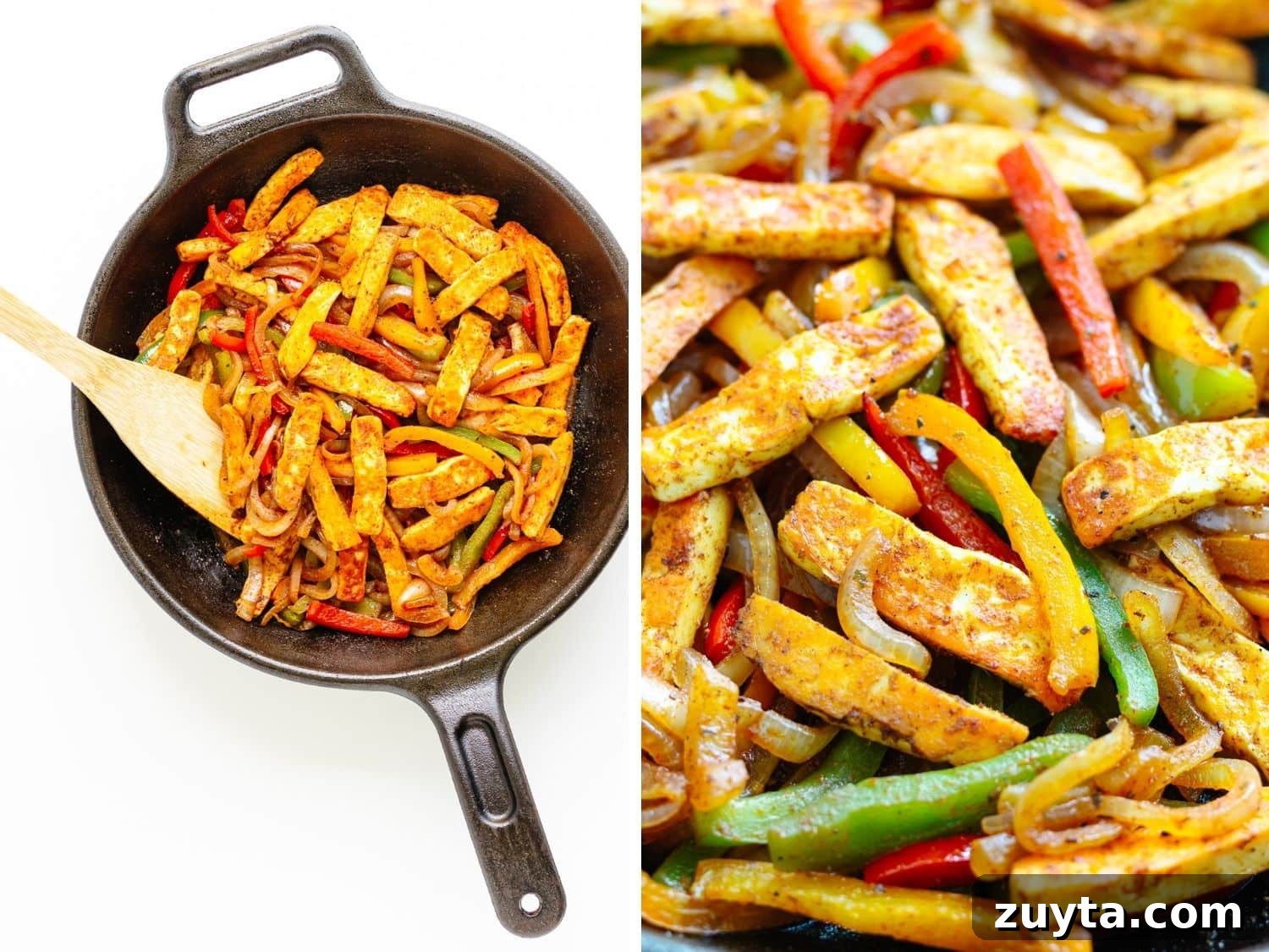 Grilled Halloumi Fajitas with Peppers and Lime 9 Collage showing halloumi vegetable fajita mixture being stirred in a cast iron skillet and a closeup.