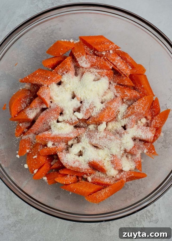Crispy Air Fryer Carrots Recipe 6 These Air Fryer Carrots are tossed in olive oil, parmesan and spices! These roasted carrots are perfectly tender on the inside and crisp on the outside.