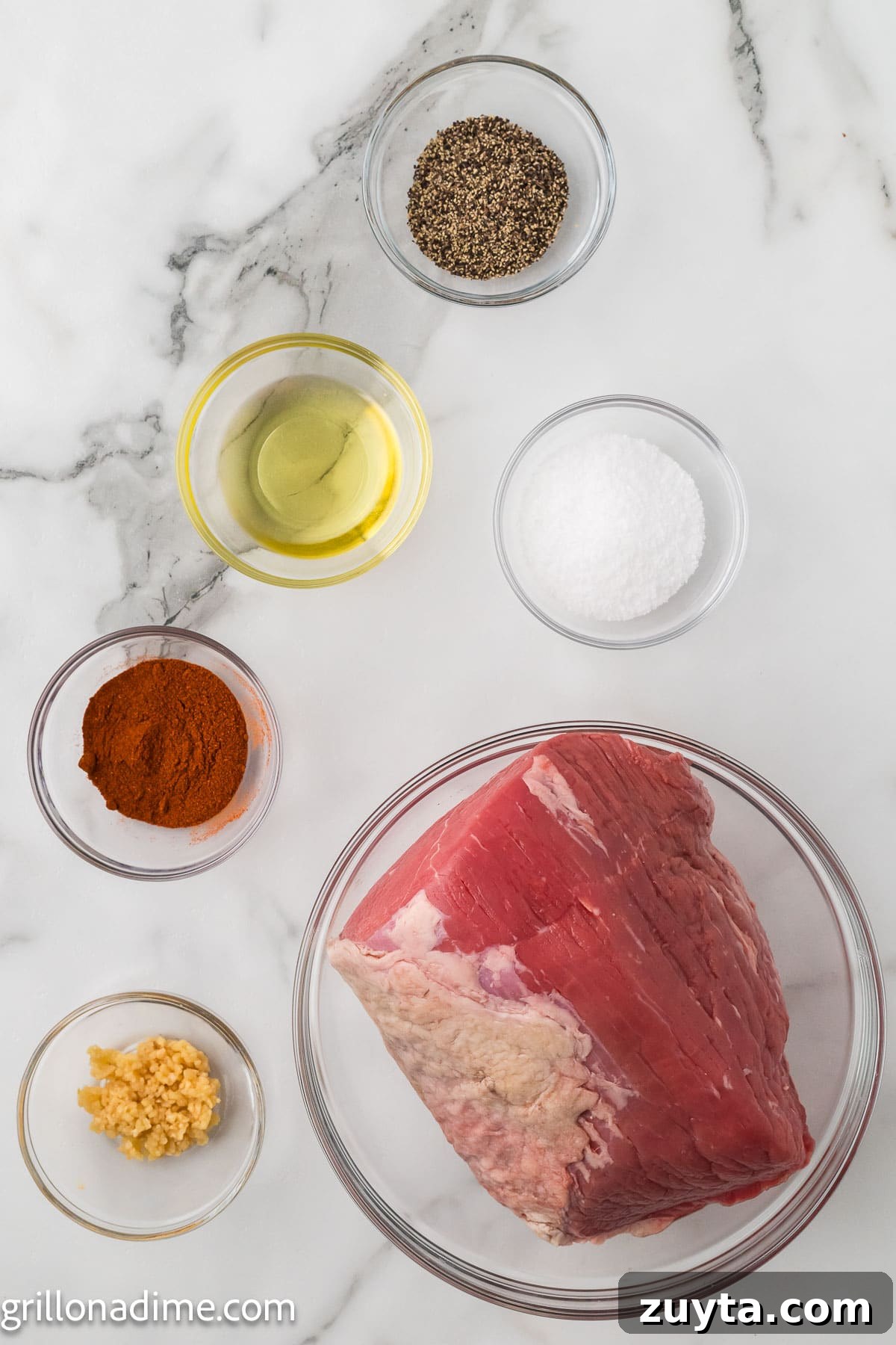 Smoked Eye of Round ingredients - beef roast, avocado oil, salt, pepper, paprika, garlic