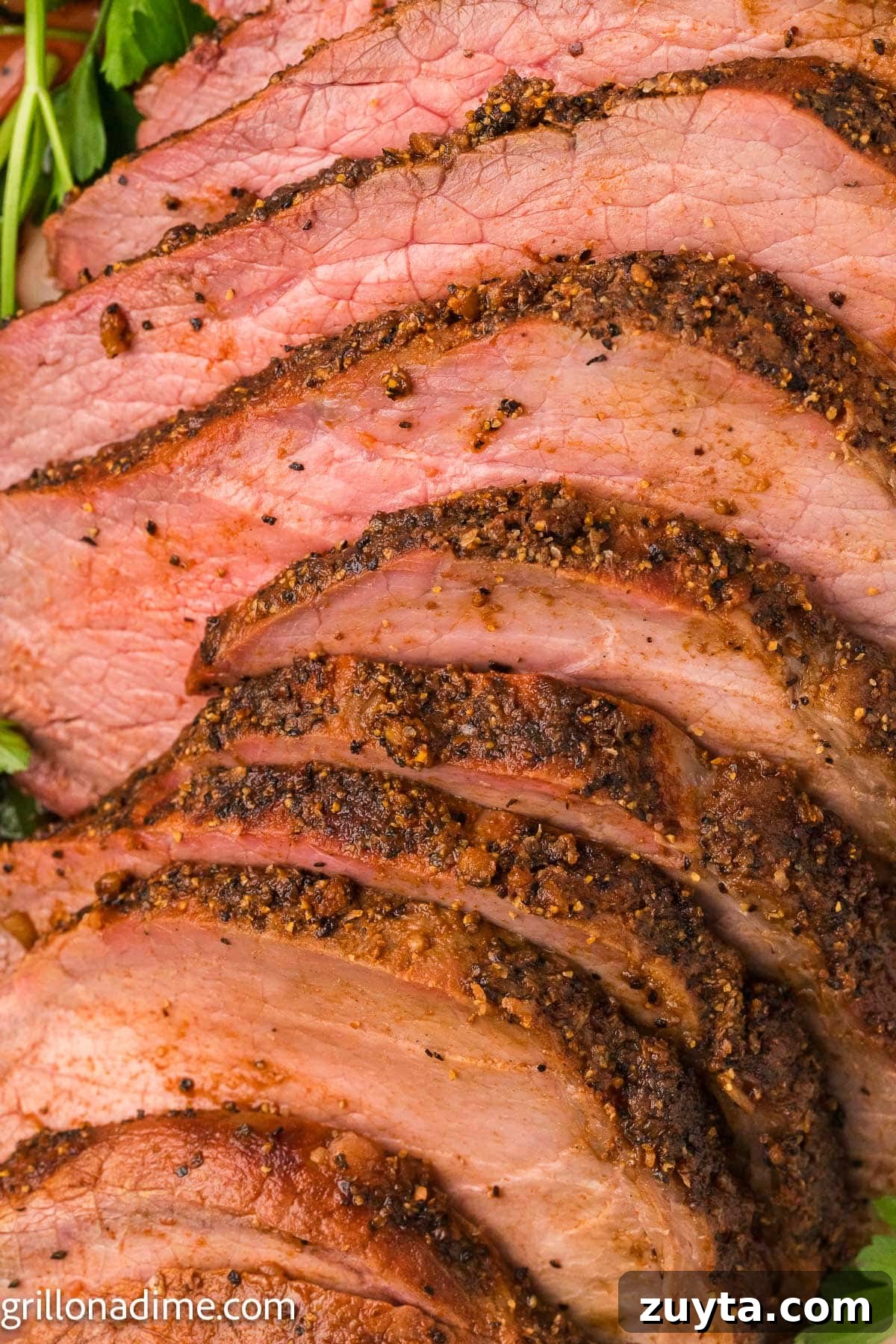 Close up image of slice smoked eye of round
