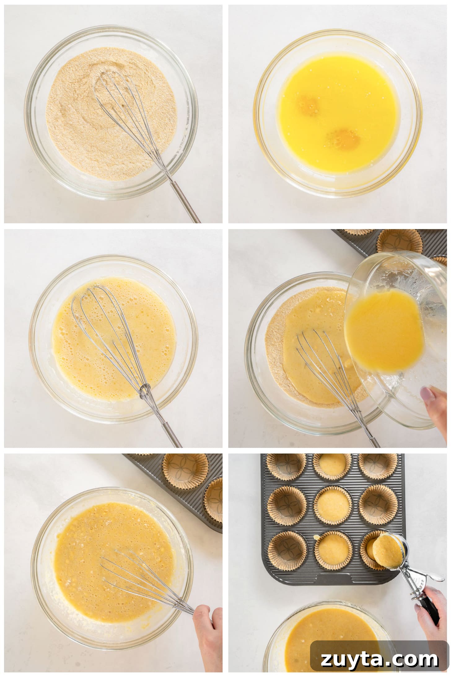 20-Minute Cornbread Muffins Recipe 3 photo collage demonstrating how to make cornbread muffins in a mixing bowl and muffin tin