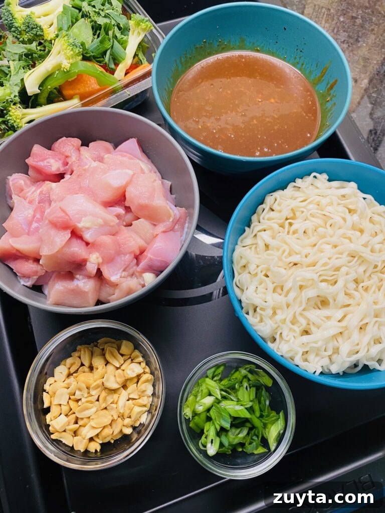 Blackstone Griddle Peanut Chicken Stir Fry Recipe 5 prepped ingredients on a tray