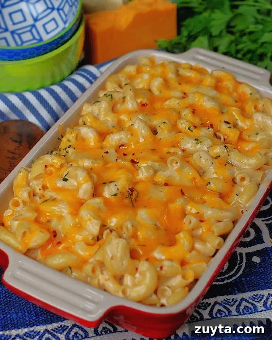 completed dish of creamy mac n cheese