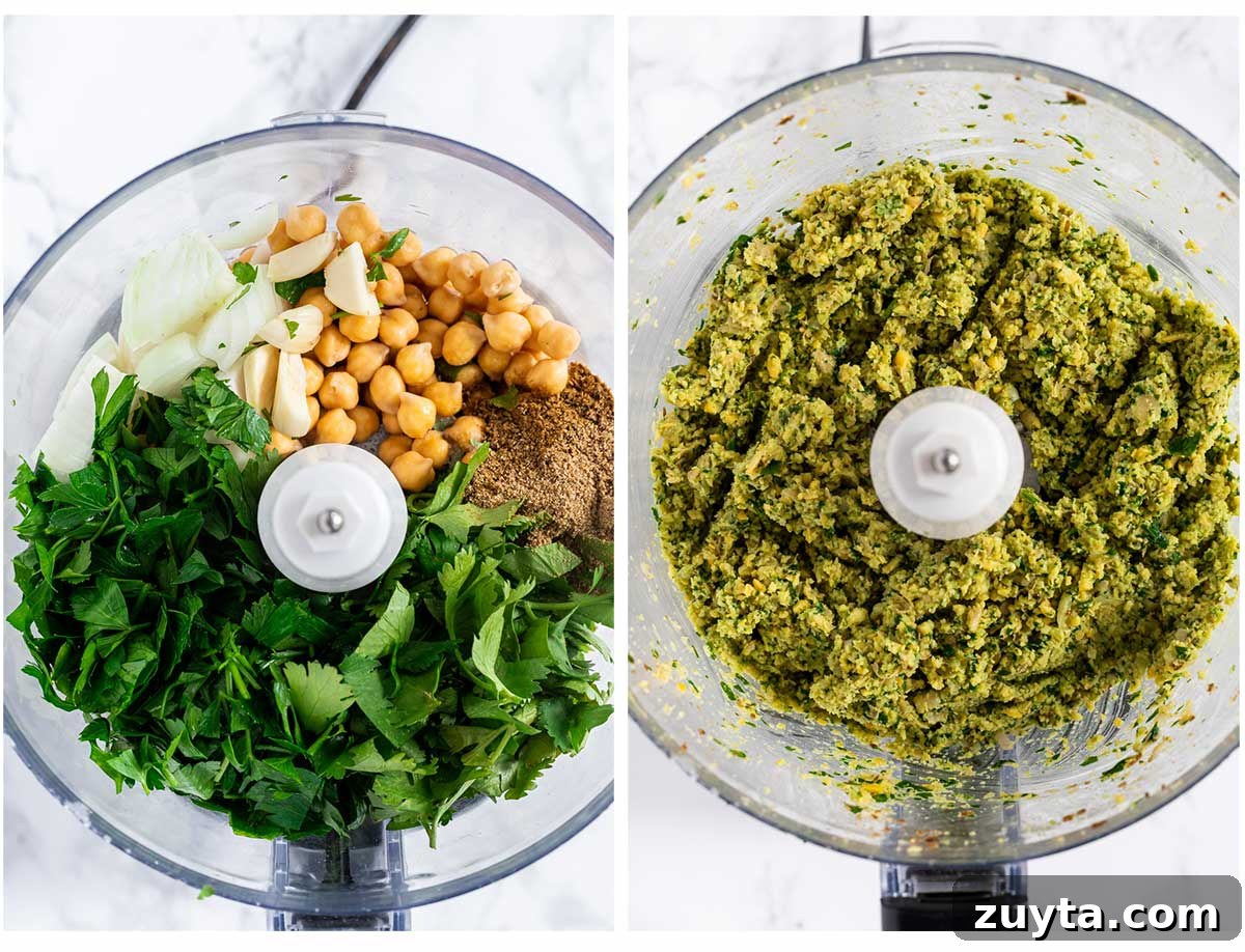 A photo collage of falafel ingredients in a food processor and the final processor mixture.