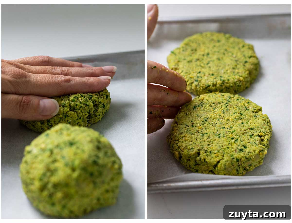 Forming falafel burgers by hand.