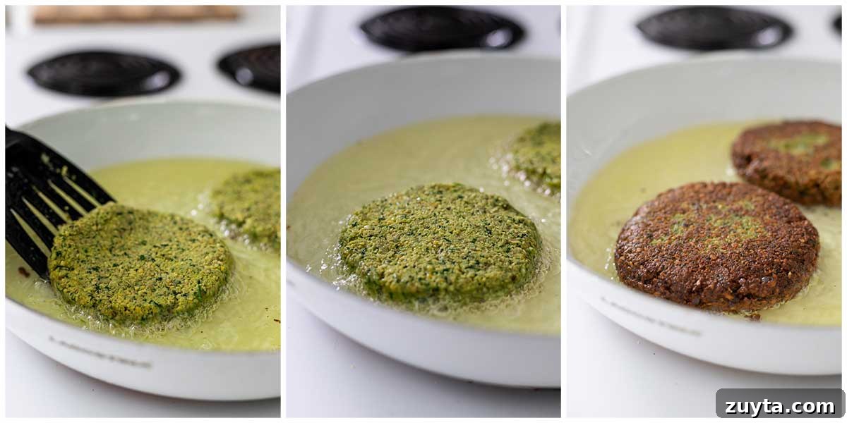 A photo collage of lowering a falafel burger into a skillet with oil and the process of cooking it.
