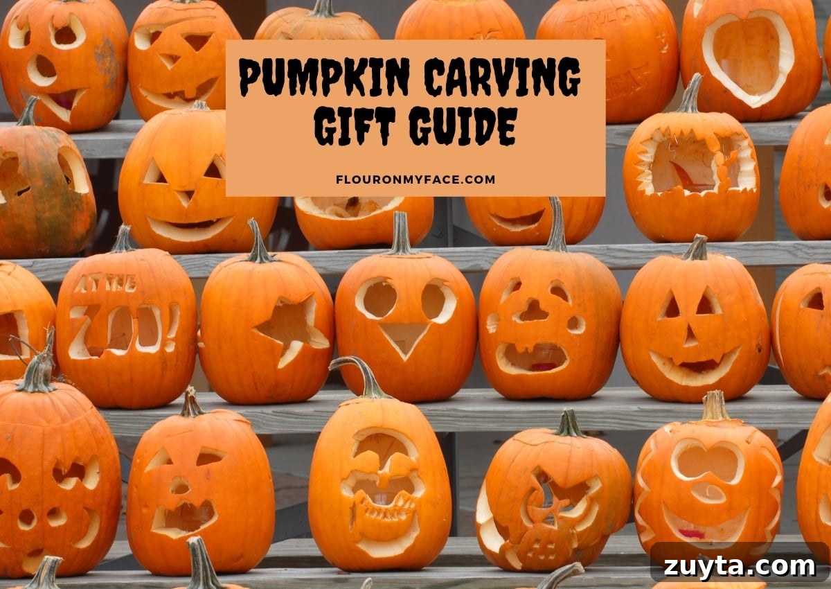 Pumpkin Carving Gift Guide: Tools, Kits, and Creative Ideas 2 Rows of carved Halloween pumpkins on bleachers