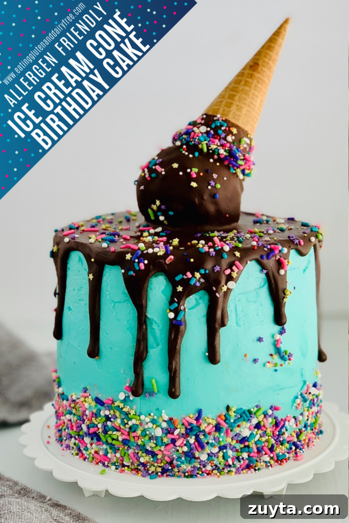 ice cream cone cake with chocolate ganache running down