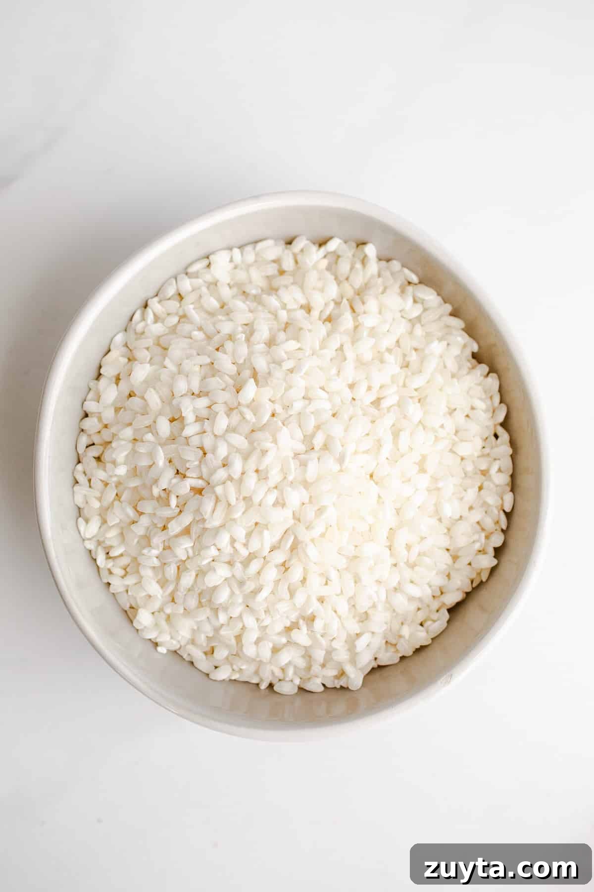 A bowl of uncooked white rice. 