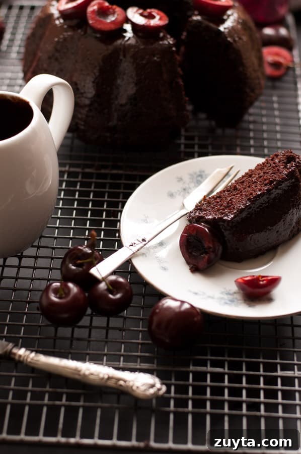 Irresistible Vegan Cherry Chocolate Bundt Cake Recipe 5 Cherry Chocolate Bundt Cake slice