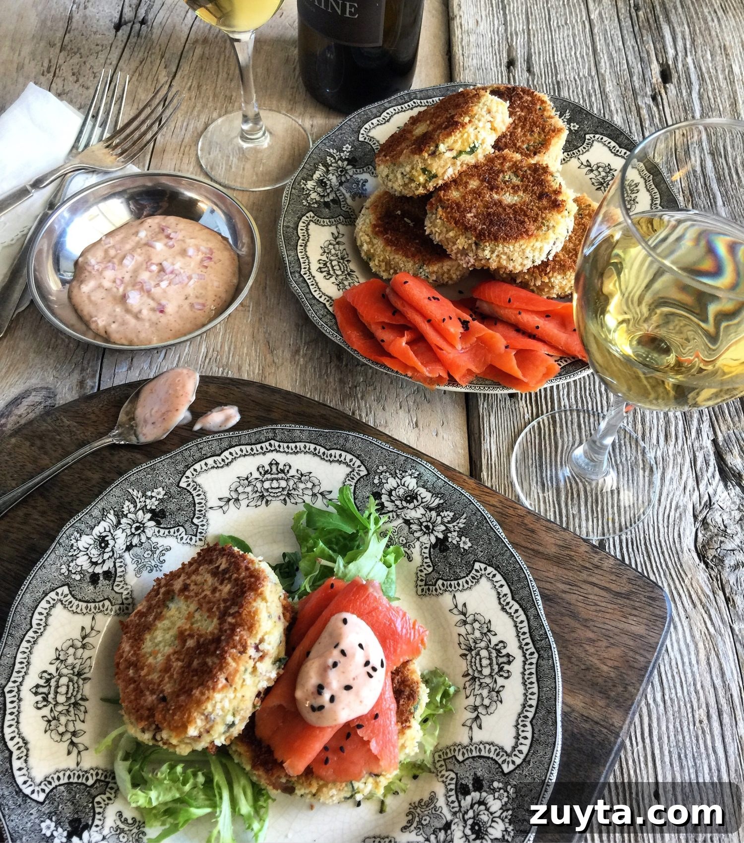 Potato Kale and Bacon Cakes with Ume Shallot Aioli