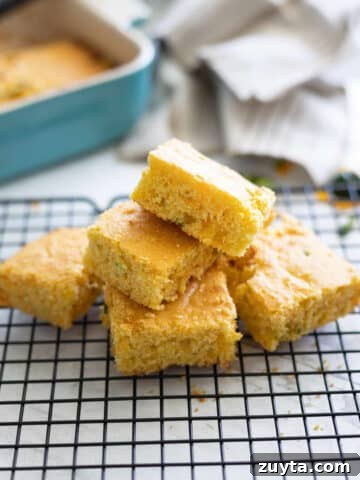 Jalepano cheddar cornbread on a cooling rack.