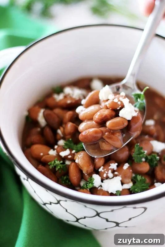 Slow Cooker Pinto Beans Recipe 4 Bowl of pinto beans, spoonful of beans with cheese and parsley.